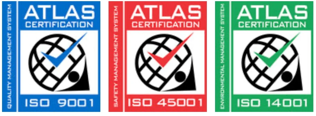 Three Atlas Certification badges showing ISO 9001 for quality, ISO 45001 for safety and ISO 14001 for environmental management
