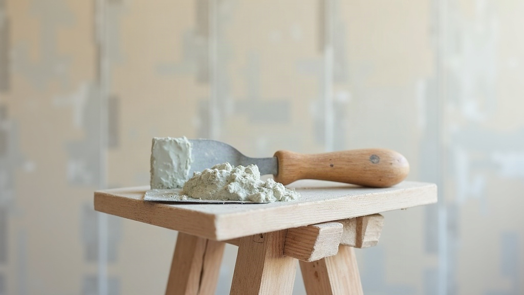 Plastering trowel and setting compound on a trestle in front of newly set plasterboard walls