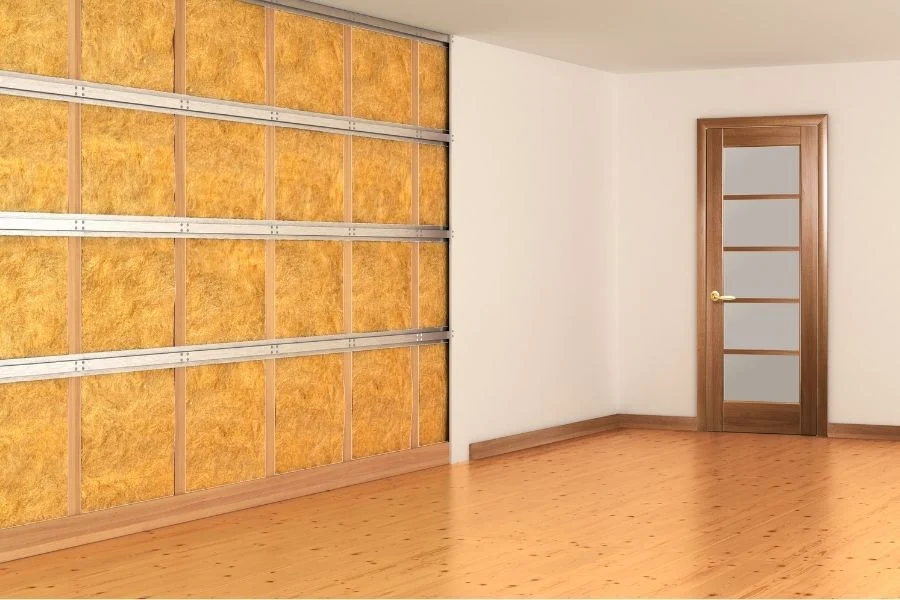 Acoustic insulation in a wall frame ready for lining